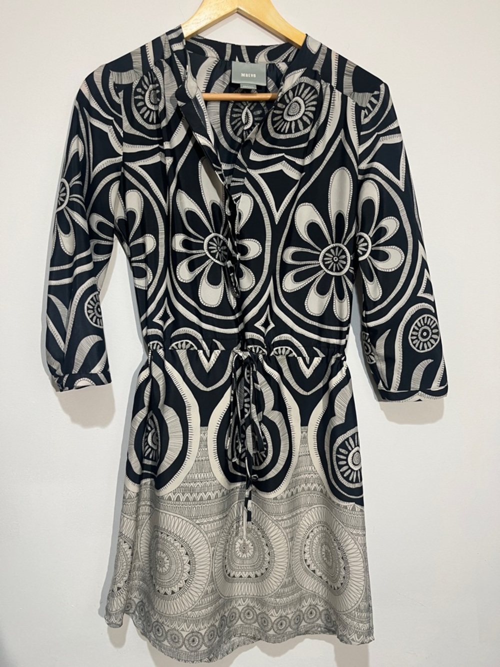 Anthropologie Black & Ivory Graphic Drawstring Mini Dress